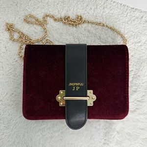 Burgundy velvet crossbody handbag
